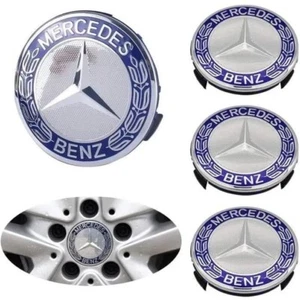 LOT 4 Cache Moyeu 75mm BLEU Pour Mercedes Logo Emblème Jante Centre De Roue - Photo 1/3
