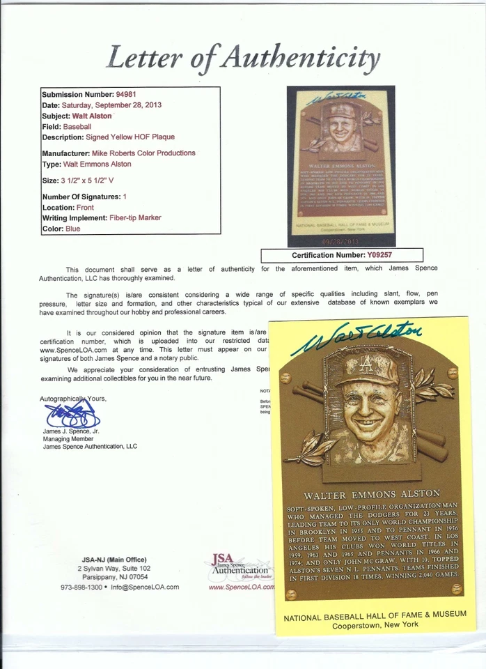 Autographed Walter Alston Dodgers Hall of Fame Gold Plaque Post Card w/ JSA COA - Image 1 of 1
