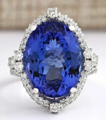Impresionante anillo para mujer azul Ceilán enorme corte ovalado 15,33 quilates zafiro y 1,52 quilates circonita cúbica vívida Foto 1 de 4