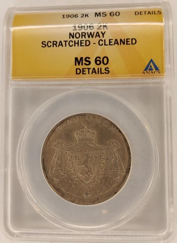 1906 Silver Norway 2 Kroner 2K Coin ANACS MS60 Details-Cleaned Mint Luster! 2B Cover