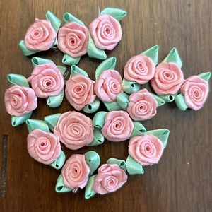 VTG 17 Pink Rose Buds Satin Ribbon Flowers Rosebuds Card Gift Box Decor - Picture 1 of 3