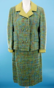 VTG Women's 60s 2 Pc Green & Yellow Boucle Mohair Dress Suit Set S/M 1960s Silk - Picture 1 of 24