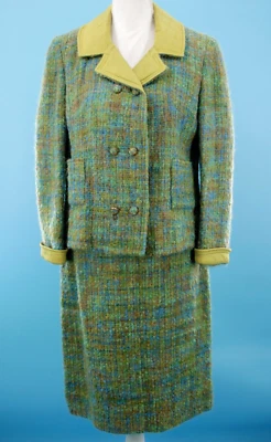 VTG Women's 60s 2 Pc Green & Yellow Boucle Mohair Dress Suit Set S/M 1960s Silk - Image 1 of 4