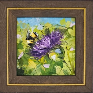 Original Oil Painting Bumblebee Purple Flower Garden Art 4x4 inch Framed - Picture 1 of 14