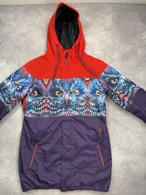 Volcom Jacket Womens Medium Long Red Purple Owl Print Hooded Waterproof B4BC - Image 1 of 4