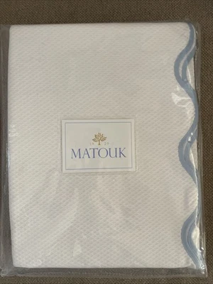 Matouk King Lanai Pique Coverlet White With Blue Scalloped Trim Italian NWT - Image 1 of 3