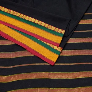 Vintage Sari Black Pure Cotton Hand Woven Sarees Craft Fabric 6yd Ethnic Zari - Picture 1 of 24