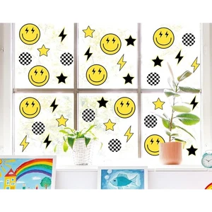 Smile Face Window Clings Black Yellow Lightning Star Double-Side Glass Decals - Picture 1 of 7