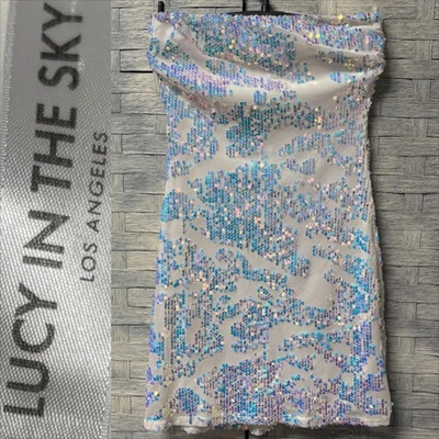 Mini Vestido Lucy In The Sky Mujer Mediano Sin Tirantes Lentejuelas Blanco Azul Iridiscente Foto 1 de 4