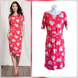 Boden Coral Red Jersey Lined Floral Dress Feaux Wrap Pencil Midi Women Size 8 R - Picture 1 of 7