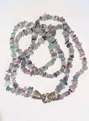 Antigo Colar de Prata Esterlina Natural Ametista Flourita Fio Duplo 27" 163 Gr - Imagem 1 de 4