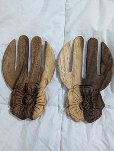 Holz Salat Servier Hände 9" x 5" schön geschnitzte Blumen extra groß  - Bild 1 von 11