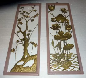 2 Vintage MCM Metall asiatische Blumen Blumen Wandbehang Messing vergoldet 4 Jahreszeiten Plaketten - Bild 1 von 5