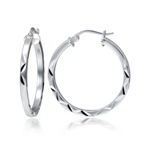 Sterling Silver 2mm Diamond Cut Square-Tube Round Hoop Earrings, 25mm - Picture 1 of 4