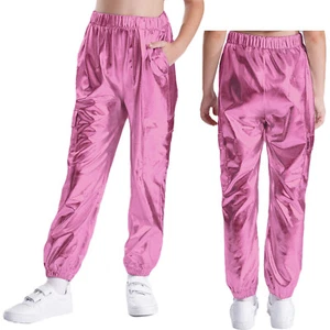 Kids Boys Girls Metallic Shiny Pants Hip-Hop Jazz Dance Trouser Performance - Picture 1 of 141