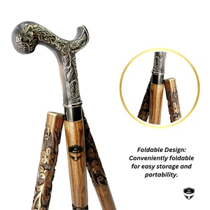 "Handmade Vintage Brass Handle Walking Cane | Floral Carved Wooden Stick | Gift" - Picture 1 of 7