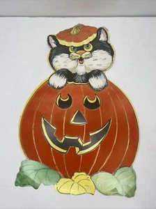 Vintage Halloween Decoration Cardstock Black Cat in Pumpkin Two Sided Vevet - Bild 1 von 8