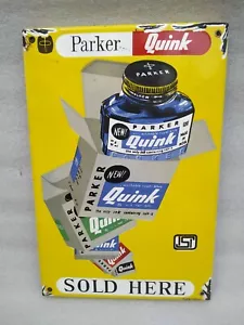 VINTAGE OLD ORIGINAL PORCELAIN ENAMEL AD SIGN PARKER QUINK INK PEN BOX FLANGE - Picture 1 of 12