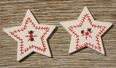 2 White Red Holiday Star Sewing Buttons Crafting 2 Hole Flat Wood 1.25" - Image 1 of 2
