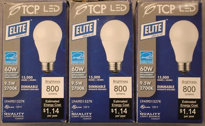 TCP Elite  (3-Pack)  LED  9.5W  2700K Shatter Resistant Dimmable Light Bulb  NEW - Image 1 of 3
