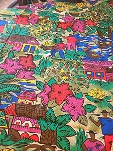 Vintage Tribal Village Fabric Whimsical 27"x 44" - Picture 1 of 10