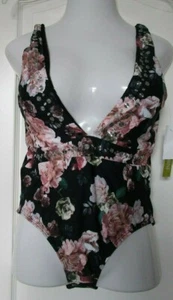 Gianni Bini One Piece Swim suit Size Large Black floral print - Picture 1 of 3