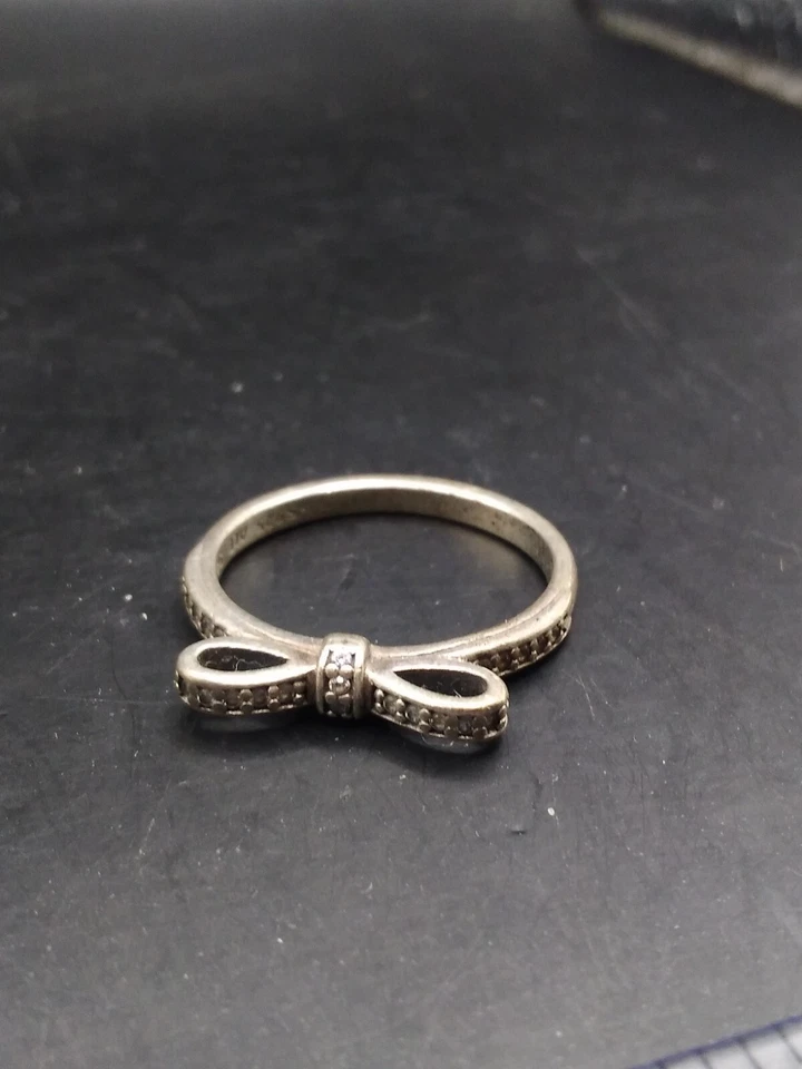 Ladies Sterling Silver Pandora Bow CZ Stacking Ring Size N Or 54 - Image 1 of 4