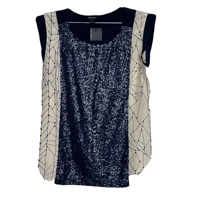 Blusa CLUB MONACO Lentejuelas Manga Acampanada Sin Mangas Azul Marino SP Foto 1 de 4