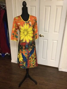 Orange Floral Sunflower Half Sleeve womens Dress size L - Picture 1 of 5