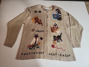 Vintage Quacker Factory A Cat Is A Cat Tan Button Knit Cardigan Size Large - Picture 1 of 18