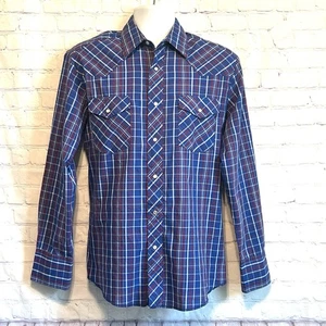 Camicia Wrangler uomo taglia M blu a quadri western perla scatto manica lunga cowboy - Foto 1 di 9