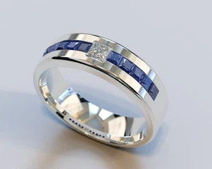 Conjunto de canales de 1,10 TCW simulado zafiro azul y diamante de laboratorio alianza de boda para hombre” - Imagen 1 de 5