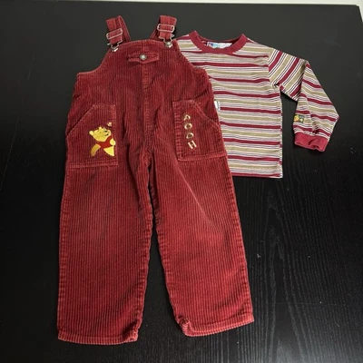 Vintage 90s Winnie the POOH Toddler Boy 4T Red Corduroy Overalls & Shirt Set - Image 1 of 4
