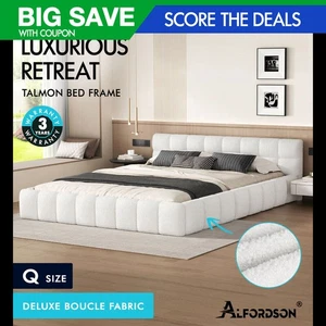 ALFORDSON Bed Frame Queen Size Tufted Headboard Foundation White Boucle TALMON - Picture 1 of 11