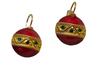 Enamel, gold tone, Christmas ball dangle hook earrings - Picture 1 of 3