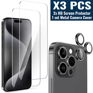 For iPhone 16 15 14 13 Pro Max Tempered Glass Screen Metal Camera Lens Protector - Picture 1 of 13