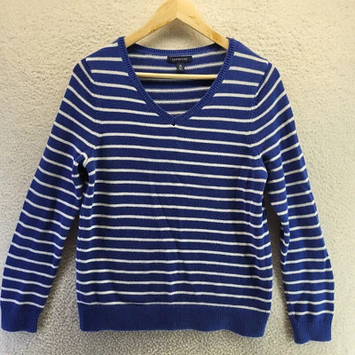 Suéter Lands' End feminino médio azul branco listrado gola V mistura de algodão - Imagem 1 de 4