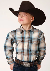 Roper Boys Kids Brown 100% Cotton Cocoa Plaid L/S Shirt - Picture 1 of 4