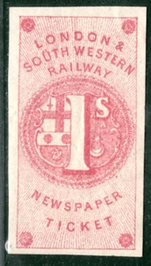 GB LSWR RAILWAY *Newspaper Ticket* QV Stamp 1s Carmine c1855 Mint RARE B2WHITE11 - Picture 1 of 10