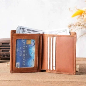 100% Genuine Leather Men Vertical Leather Bifold Wallet with ID Window - Picture 1 of 10