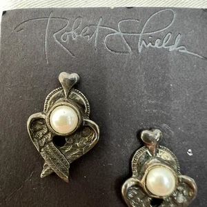 Robert Shields Sterling Silver Pearl Wings Heart Post Pierced Earrings RS NEW - Picture 1 of 7