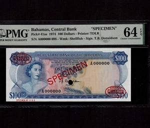 Bahamas 100 dólares 1974 P-41as * PMG Unc 64 EPQ * Espécimen * EXCELENTE POP * - Imagen 1 de 2