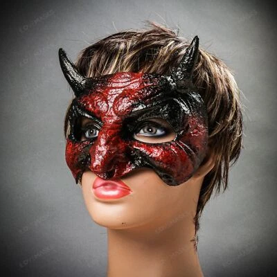Halloween Bloody Red Goblin Devil Short Horn Mythological Beast Party Eyes Mask - Image 1 of 4