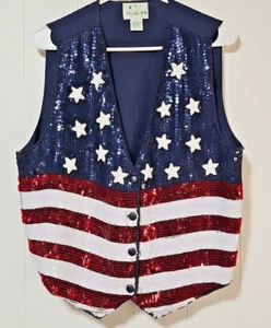 Quacker Factory Sequined Patriotic Vest Womens Medium USA American Flag July 4th - Picture 1 of 14