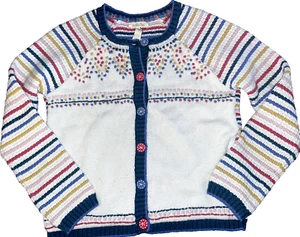 Matilda Jane Size 10 Chunky Cardigan Sweater Cream Pink Blue Yellow Dots Stripes - Picture 1 of 7
