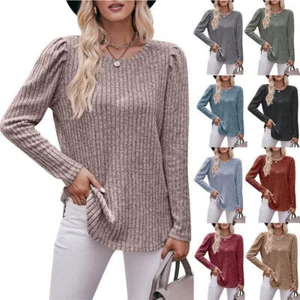 Stripe Solid Color Brushed Sunken Long Sleeves T-shirt Women's Round-Neck Upper - Picture 1 of 18