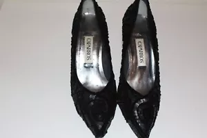 Vintage 80s Caparros Beaded Evening Heels Pumps 8B Black Tapered Heel Statement - Picture 1 of 3