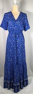 City Vibe Dress Maxi Small Short Sleeve Cottage Peasant Prairie Blue Modest Boho - Picture 1 of 11