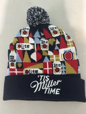 Miller Lite "Tis Miller Time" Holiday Winter Beanie Pom Blue Red Hat Unisex - Image 1 of 4