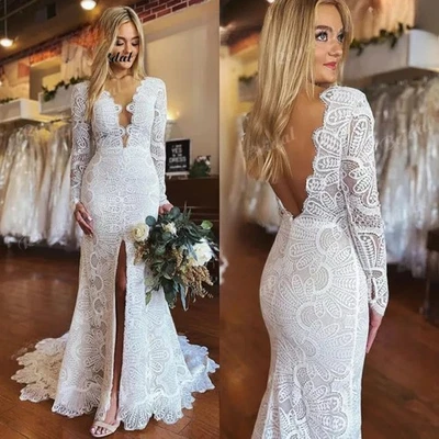 Lace Split Backless Mermaid Wedding Dresses V Neck Backless Long Sleeve Bridal - Image 1 of 4